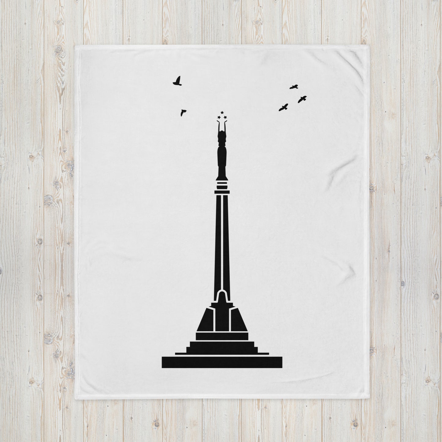 White flag featuring a black illustration of Riga's Freedom Monument