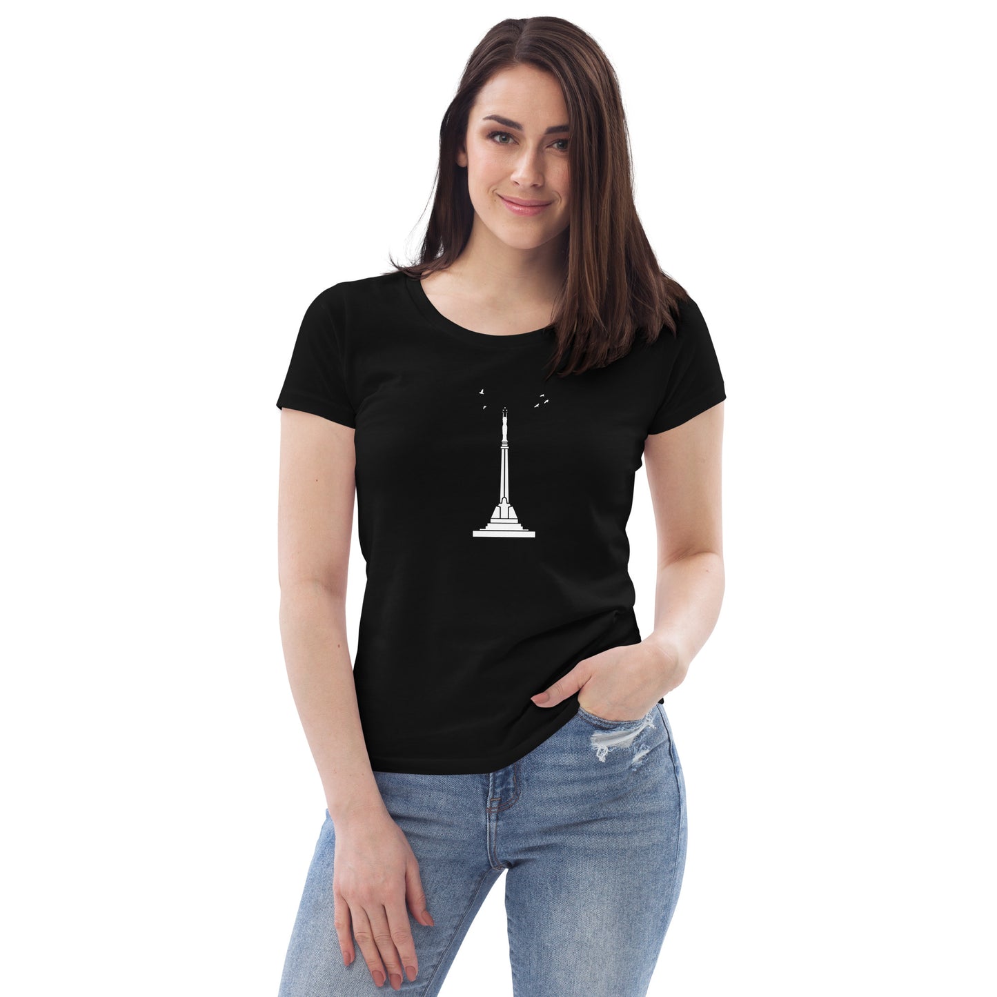 Right front view of a woman wearing a fitted black eco-friendly t-shirt featuring Riga's Freedom Monument