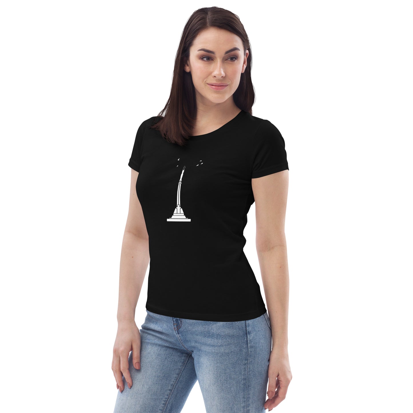 Right front view of a woman wearing a fitted black eco-friendly t-shirt featuring Riga's Freedom Monument