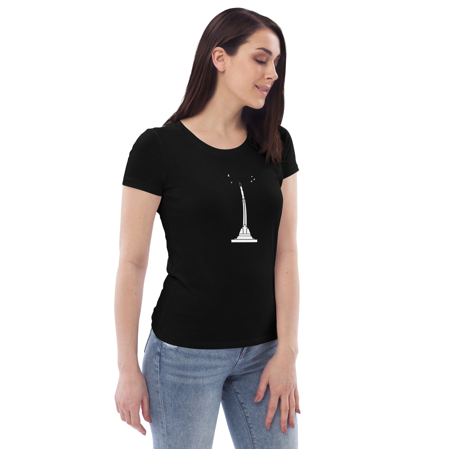 Right front view of a woman wearing a fitted black eco-friendly t-shirt featuring Riga's Freedom Monument