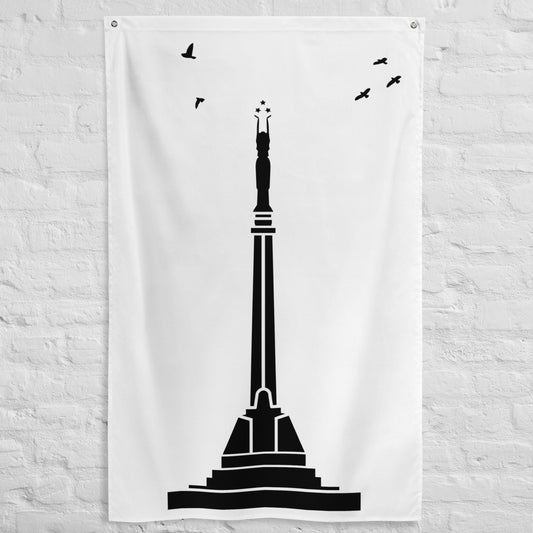 White flag featuring a black illustration of Riga's Freedom Monument
