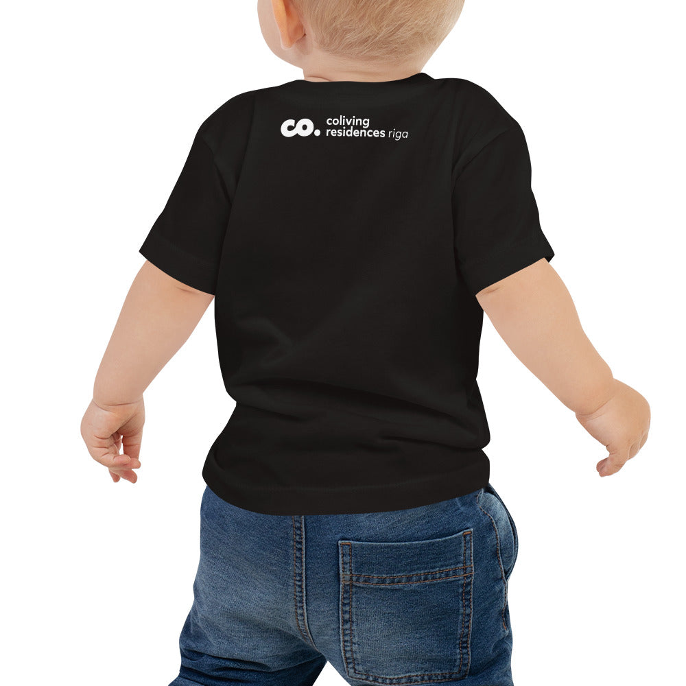 baby wearing a black t-shirt featuring Coliving Residences Riga logo