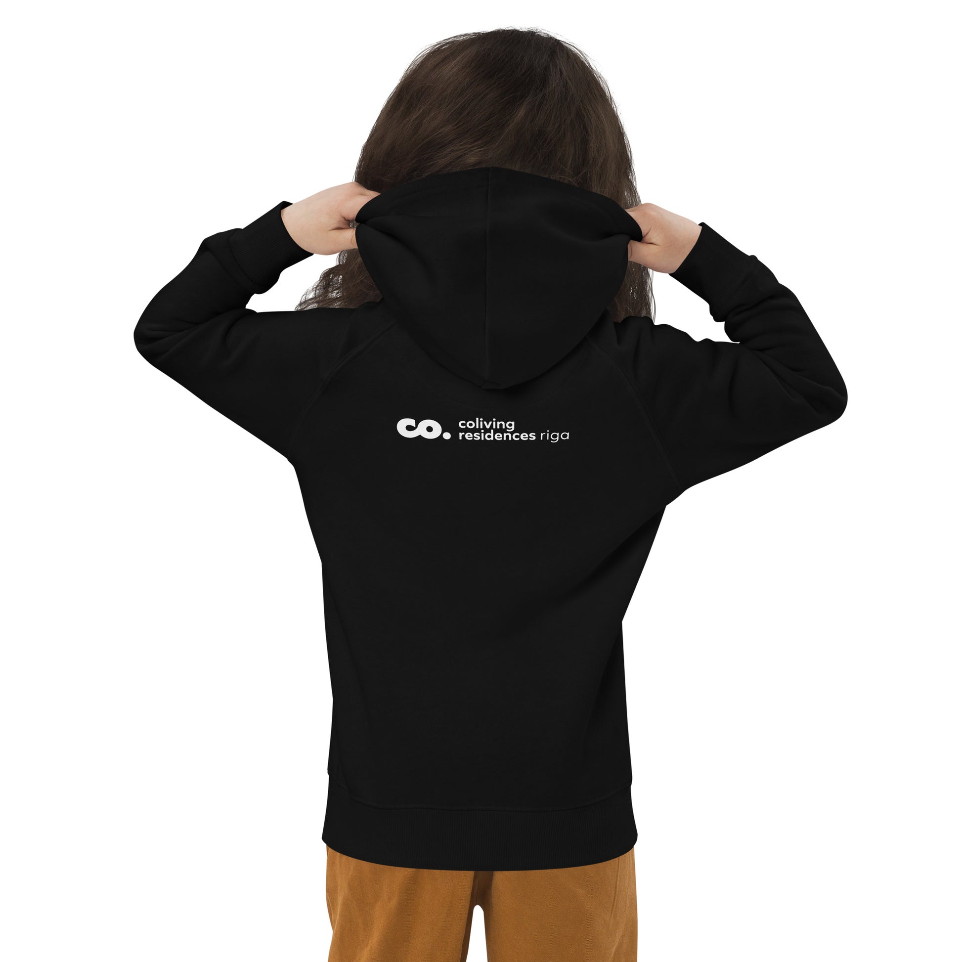 Little girl from back with black hoodie and coliving residences logo