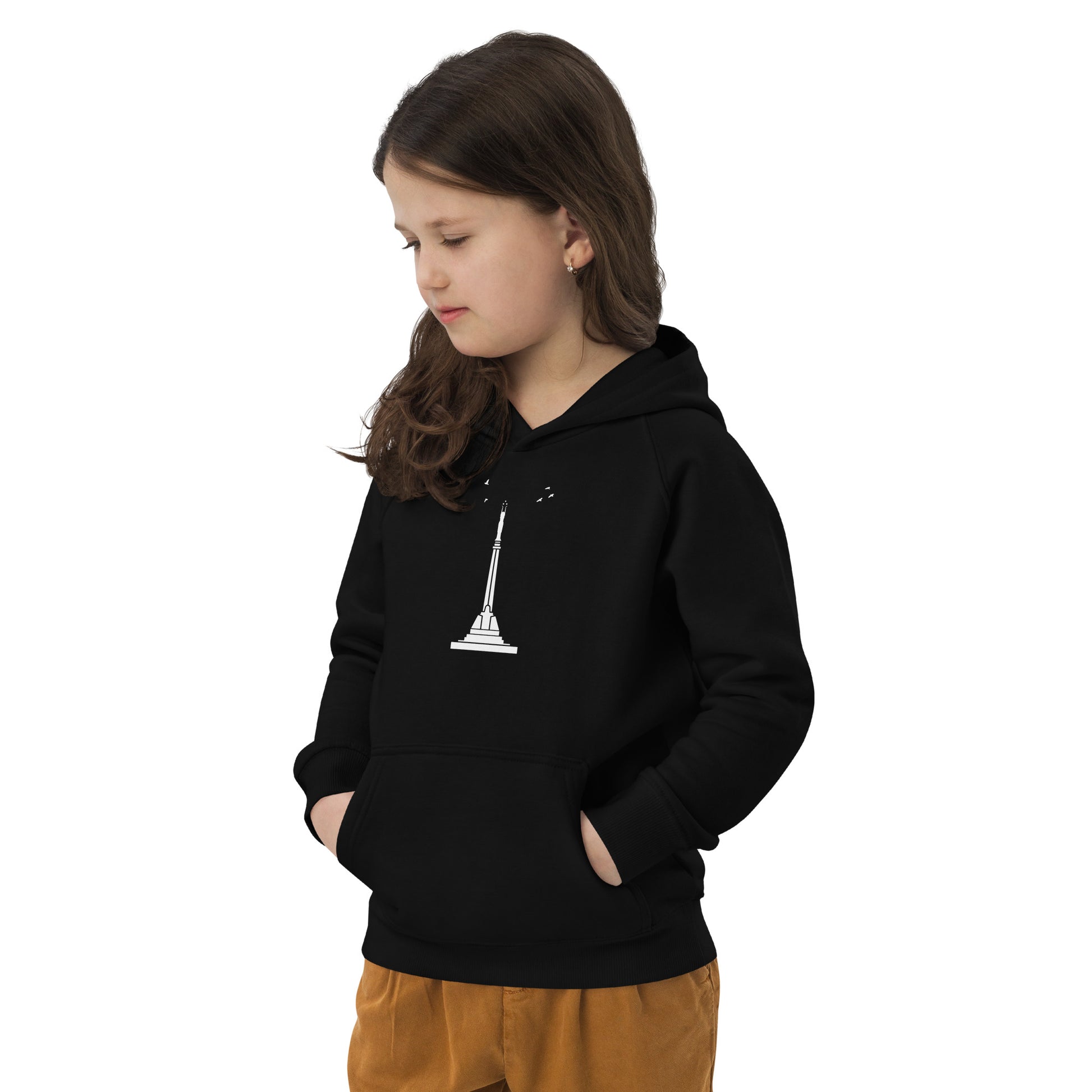 Little girl from front with black hoodie and Riga's Liberty Monument on hoodie
