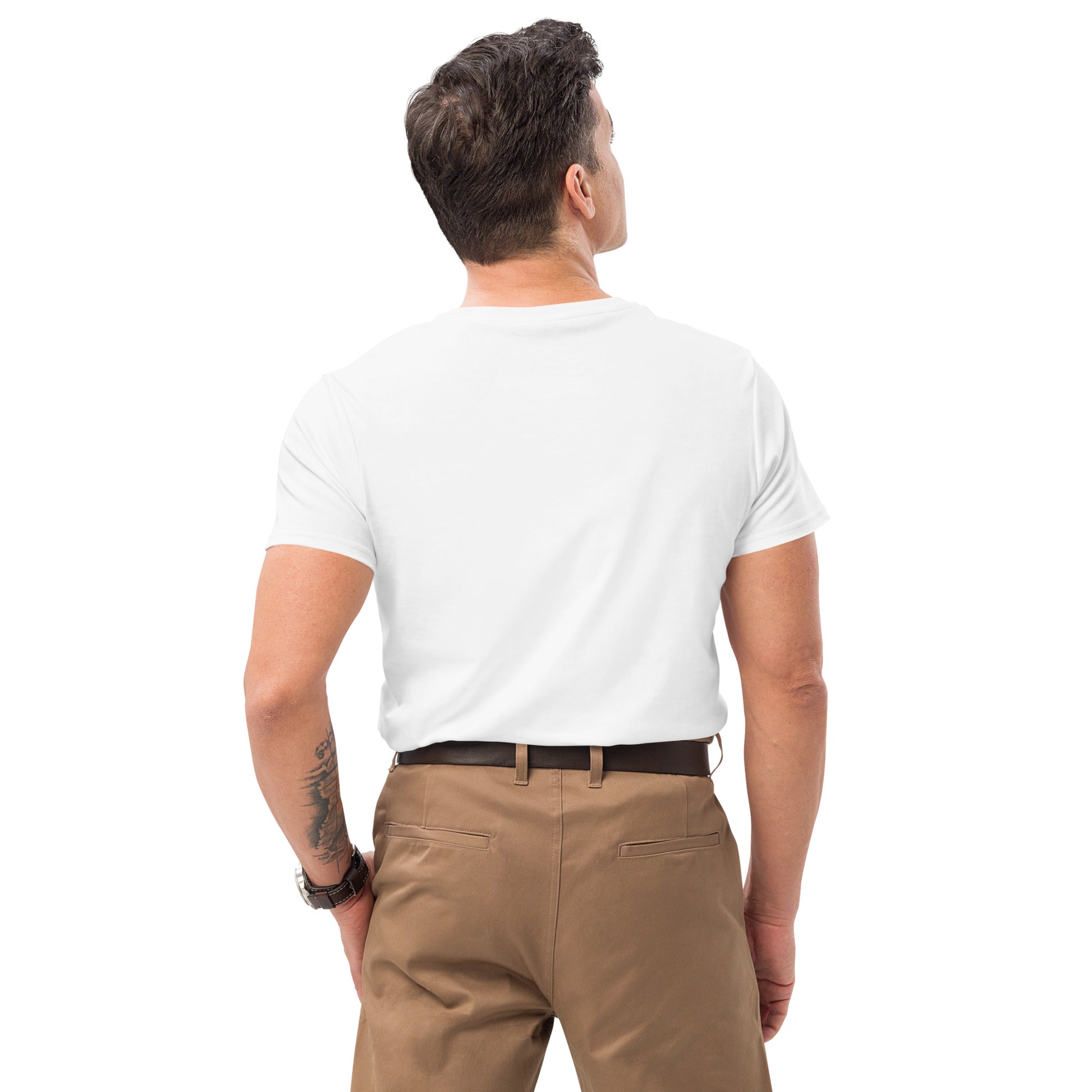 Back view of a white man wearing a white t-shirt