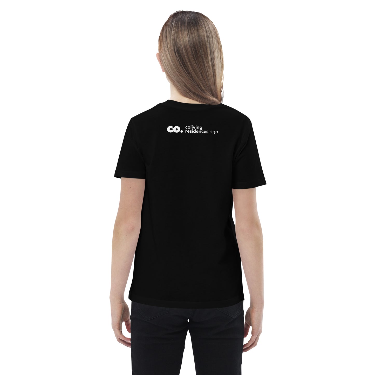 Back view of a teenager girl wearing a black t-shirt featuring Coliving Residences Logo