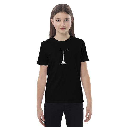 Front view of a teenager girl wearing a black t-shirt featuring Riga's Liberty Monument