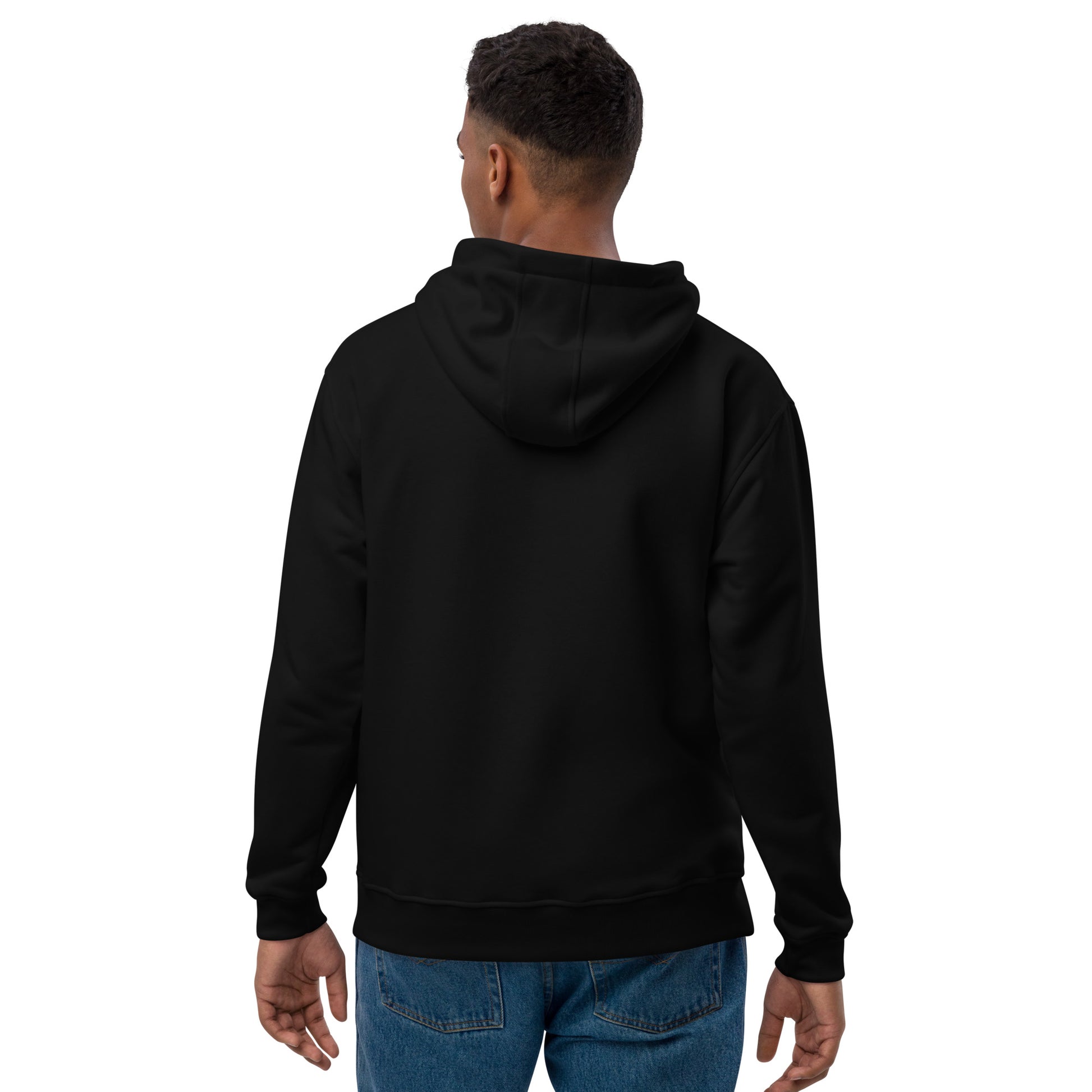 back view of a black man wearing a black hoodie