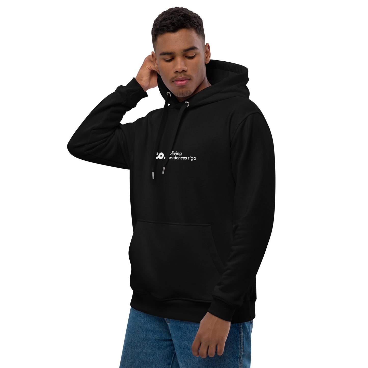 front view of a black man wearing a black hoodie with the Coliving Residences Riga logo