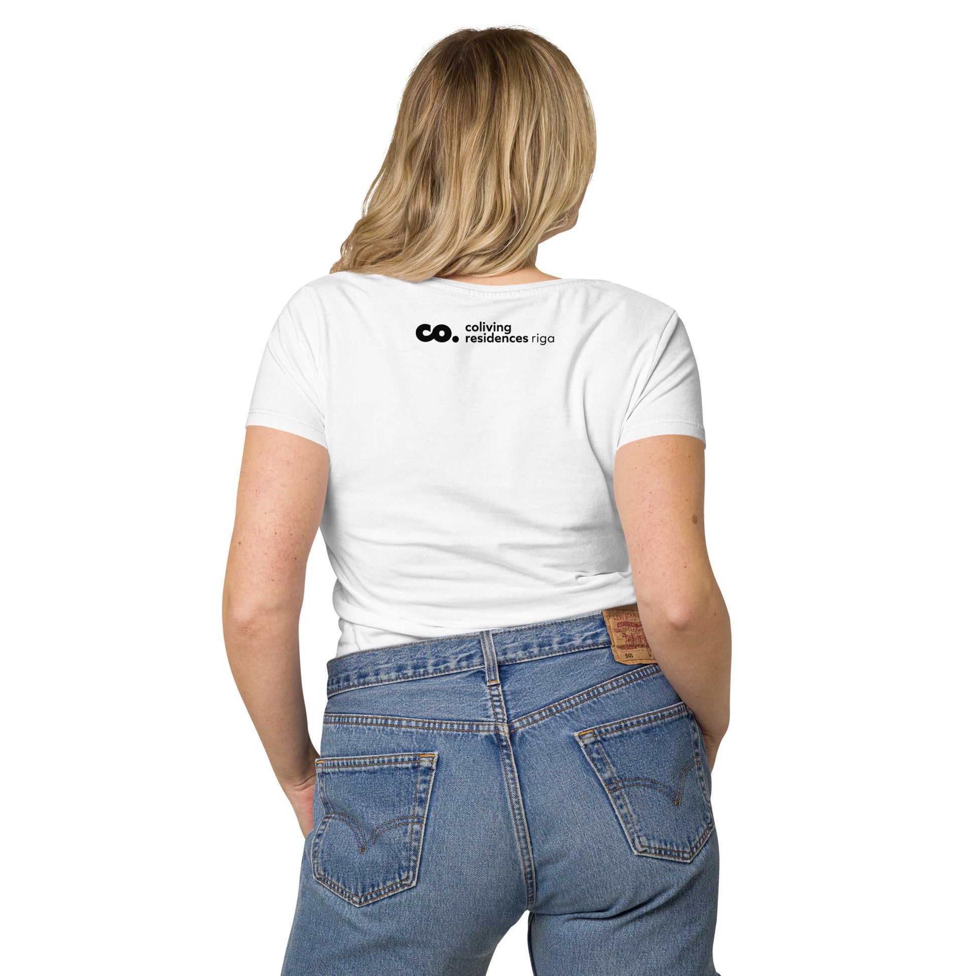 back of womens with basic organic t-shirt in white