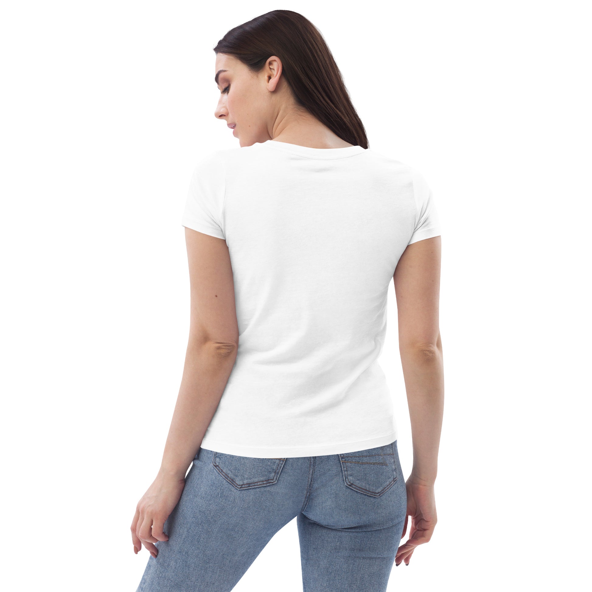 Back view of a brunett woman in a white t-shirt